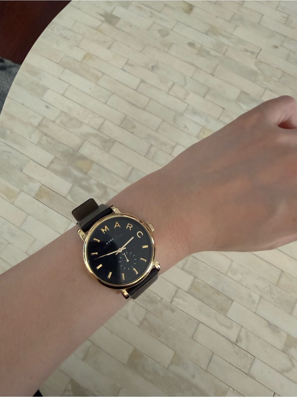 Marc Jacobs Black Dial Gold-Tone Case Watch with Brown Strap